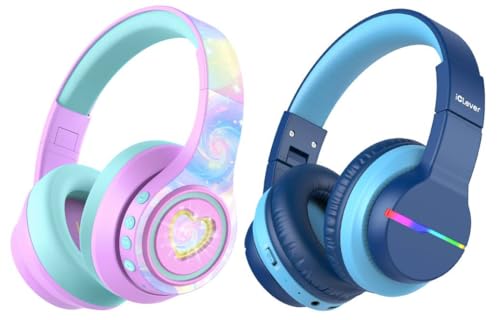 iClever BTH12 Kids Bluetooth Headphones & Auraa Kids Noise Cancelling Headphones Bundles, Type C Fast Charging, Safe Volume with Mic AUX Cord for iPad Airplane