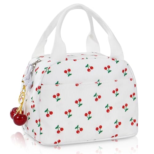 Lunch Bag for Women Insulated Lunch Box Reusable Cooler Bag Portable Cute Corduroy Leakproof Tote Bags for Travel, Work, and Picnic, Cherry and Keychain - color: Cherry and Keychain, size: M