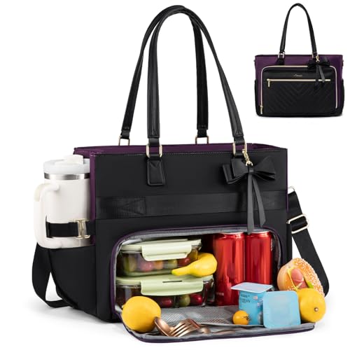 LOVEVOOK Lunch Tote Bag, Large Capacity Insulated Lunch Tote with Compartment, Computer Bag with Purse for Work, Nurse, Business, Black-Purple 15.6 Inch - color: Black-purple, size: 15.6 Inch With Lunch Compartment