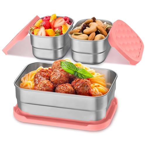 Homikit 3 Pack Kids Lunch Box Set, 18/10 Stainless Steel Bento Boxes with Silicone Lids Leak Proof, 5 Cups Reusable Metal Food Snack Containers for School Daycare, Nontoxic & Dishwasher Safe, Pink - color: Pink, size: Medium