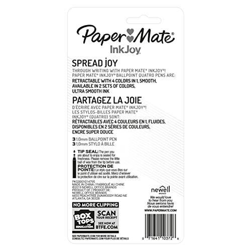 Paper Mate InkJoy Quatro Retractable Ballpoint Pens, 4 Colors in 1 Pen, Medium Point (1.0mm), 3 Count - Convenient, Note-Taking, Comfortable Grip, Ultra Smooth Ink