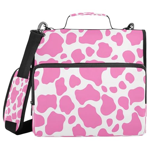 3 Ring Zipper Binder Pink Cow Print Binder Organizer Portfolio with File and Shoulder Strap & Handle Large Capacity File Folder - color: Pink Cow Print