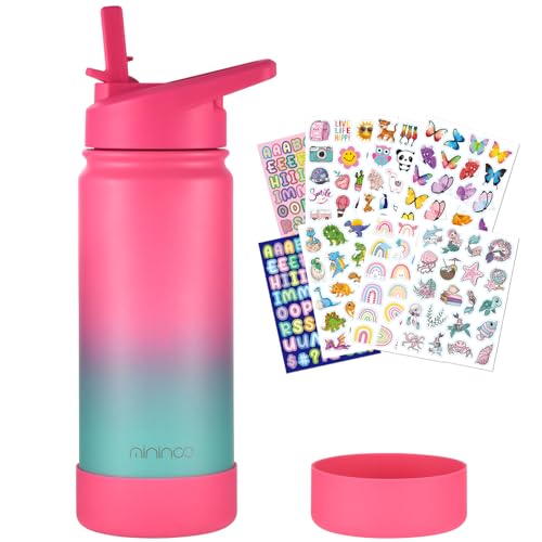 Mininoo Girls Water Bottle for School, 16oz Stainless Steel Insulated Metal Water Bottle with Straw Lid for Boys (Punch/Green) - color: Punch/Green, size: 16 Ounces