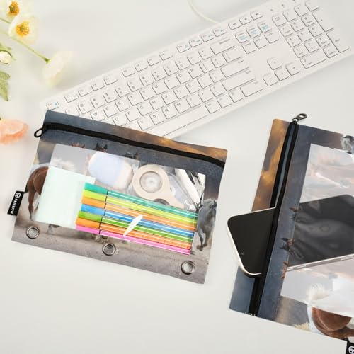 ATTX Horse Pencil Pouch for 3 Ring Binder with Smooth Zipper, Clear Window Pencil Case for Binder, Big Capacity with 3 Reinforced Grommets