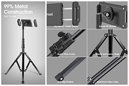 elitehood Aluminum iPad Stand Tripod, 65'' Tall Floor Tripod for iPad | Heavy Duty Aluminum Tablet Tripod, Easy Adjustable iPad Holder Stand for Music, Designed for Musicians, Fits 4.7-13in Tablets - style: Side-Clamp Holder