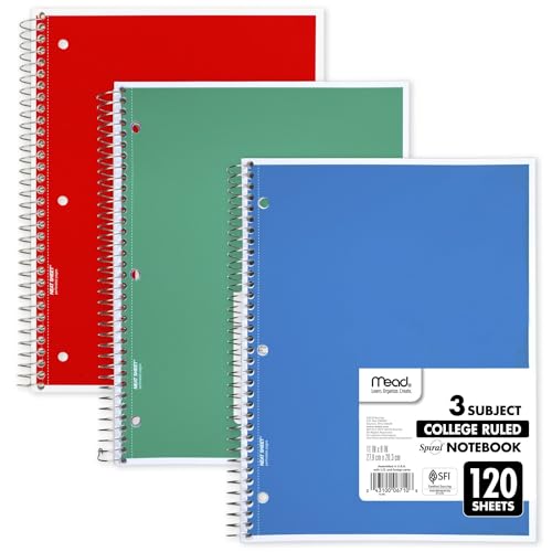 Mead Spiral Notebook, 3 Subject, College Ruled Paper, 8" x 11", 120 Sheets, Color Will Vary (820394-25)