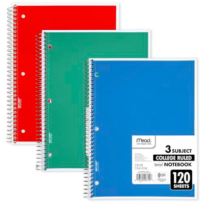 Mead Spiral Notebook, 3 Subject, College Ruled Paper, 8" x 11", 120 Sheets, Color Will Vary (820394-25)