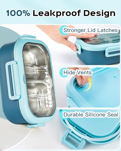 Lille Home 28oz Stainless Steel Leakproof 2-Compartment Bento Lunch Box/Portion Control Food Container with Lunch Bag and Cutlery Set, BPA Free (Light Blue) - color: Light Blue