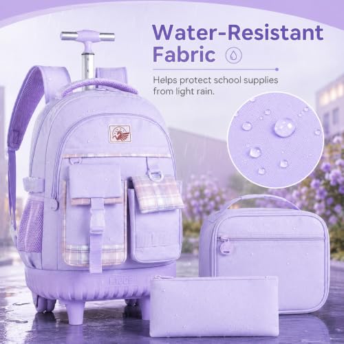 gxtvo 3PCS Girls Rolling Backpack, Women Roller Bookbag with Lunch Box for Adults, Water Resistant Wheeled School Bag for College Teens Kids Travel - Purple - color: 3pcs Set Purple