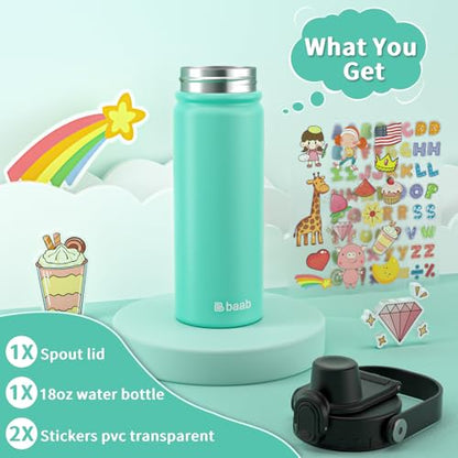 baab 18oz Kids Water Bottle, Insulated Kids Water Bottle with Lockable Spout Lid & Stickers, 18/8 Stainless Steel Vacuum Leakproof Kid Water Cup with Boy Girl & School (Mint Green, 1 Pack) - color: Mint Green, size: 18 Ounces
