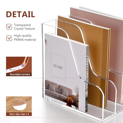 SANRUI Acrylic File Organizer, Compact Desk Organizer for Folders, Binders, Notebooks, Envelopes, Clear Magazine File Holder, 3 Section Bookshelf for School Home Office Organization, A4 Size - size: A4,3 Sections