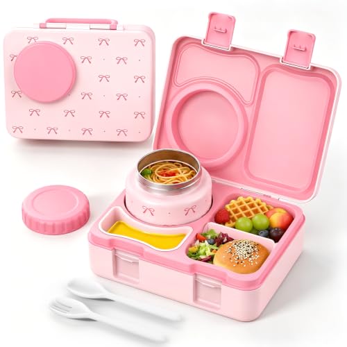 Kids Lunch Box with Thermo, Leakproof Bento Box for Kids with 8OZ Insulated Food Jar, Ice Pack, Sauce Cup, Utensils, Removable Tray & Dividers for School Daycare Travel (Bows) - color: Bows