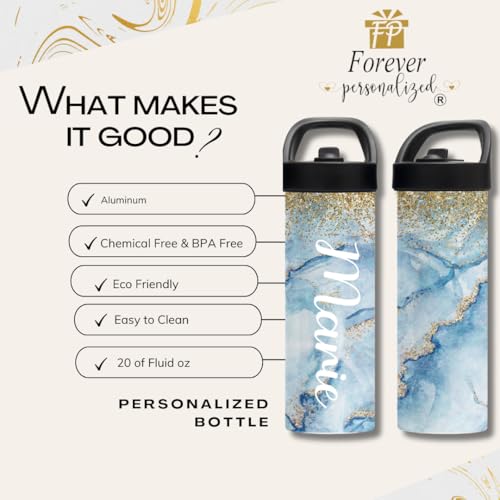Personalized Marble Water Bottle with Name, 20oz Leakproof Stainless Steel Insulated Bottle, Custom Blue & Gold Glitter Marble Tumbler, School Gym Sports Travel Cup for Women Girls Students - color: Light Blue