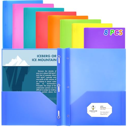 8 Pack Multicolor Plastic Two Pocket Folders, Plastic Folders with 2 Pockets, 3 prongs and Card Slot, Heavy Duty Plastic Folders for School, Home, and Work