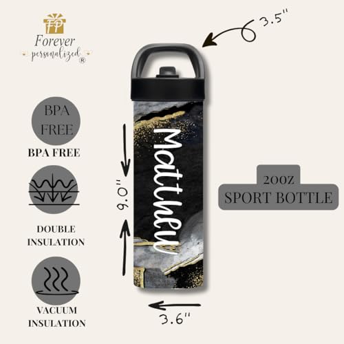 Personalized Black Gold Marble Water Bottle with Name | 20oz Stainless Steel Insulated Bottle | Custom Gym, School & Sports Tumbler for Adults & Students - color: Black