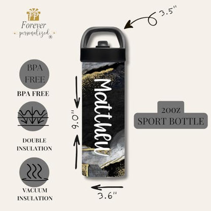Personalized Black Gold Marble Water Bottle with Name | 20oz Stainless Steel Insulated Bottle | Custom Gym, School & Sports Tumbler for Adults & Students - color: Black