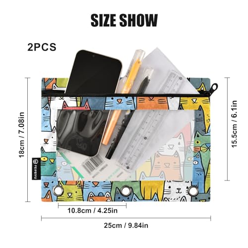 SUABO Seamless Cats Pencil Pouch for 3 Ring Binder, 2 PCS Binder Pencil Pouch with Zipper, Clear Window Zipper Pencil Case Pencil Bags for Office Supplies - color: Cats