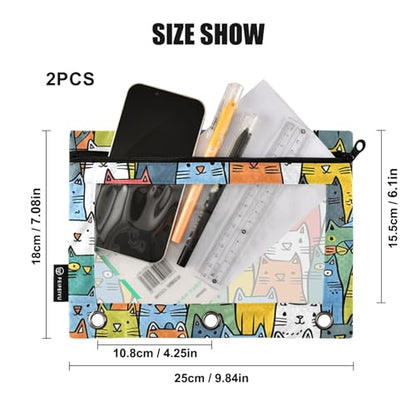 SUABO Seamless Cats Pencil Pouch for 3 Ring Binder, 2 PCS Binder Pencil Pouch with Zipper, Clear Window Zipper Pencil Case Pencil Bags for Office Supplies - color: Cats