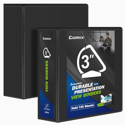 Comix Durable 3 Ring Binder, 3 inch D Ring Binders, Hold 725 Sheets of US Letter Size Paper, 2 Pack (Black) - color: Black, size: 3 Inch, style: 2 Pack