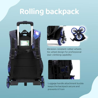 VIDOSCLA Galaxy Kids Rolling Backpack for Boys Primary Students Wheeled Bookbags for School - color: A#01-deep Blue-galaxcy Single Roling Backpack
