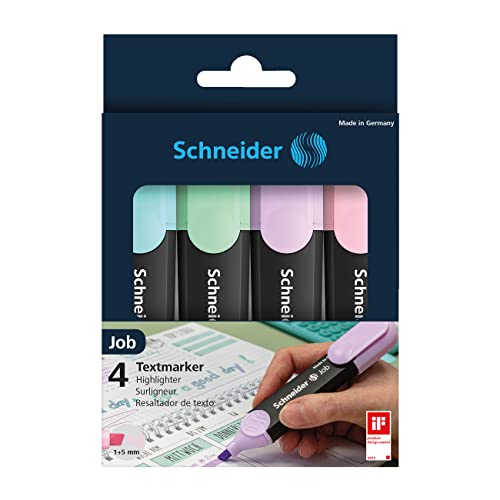 Schneider Job Highlighter Pastel, Chisel Tip, 1 + 5 mm, Black Barrel, Assorted Ink Colors, Pack of 4 Highlighters: Turquoise, Mint, Lavender, Light Pink (115098)