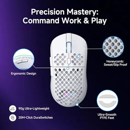 DIERYA M1 Wireless Gaming Mouse, 24000DPI, 180Hrs Battery, 16.8M RGB, 6 Programmable Buttons, Lightweight, Tri-Mode (2.4G/BT5.2/USB-C) for PC/Mac/Laptop - White - color: White