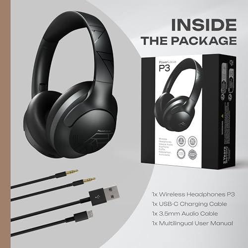 PowerLocus Bluetooth Headphones Over Ear, 50H Playtime with 4 EQ Modes Wireless Headphones with Microphone, HiFi Stereo Deep Bass, Soft Ear Cups, Foldable Lightweight Headset for Travel/Office/Workout - color: Black Line
