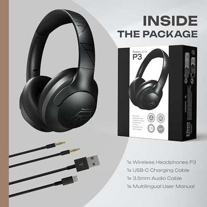 PowerLocus Bluetooth Headphones Over Ear, 50H Playtime with 4 EQ Modes Wireless Headphones with Microphone, HiFi Stereo Deep Bass, Soft Ear Cups, Foldable Lightweight Headset for Travel/Office/Workout - color: Black Line
