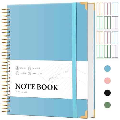 Large Hardcover Spiral Notebook College Ruled 8.5 X 11 with Stickers, Blue | 220 Pages, Notebooks for School Supplies A4 Note Book Journal Notebooks for Work Note Taking Office - color: Blue