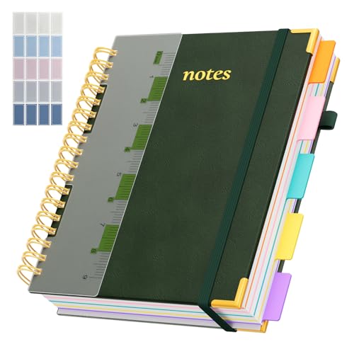 Line Hardcover Spiral Notebook with Removable Dividers Tabs & Ruler, 5 Subject Notebook College Ruled, 300 Page, Large 8"x10" B5 Notebooks for Work School, Lined Journal for Women & Men, Green - color: Green, size: 8"x10"(B5)