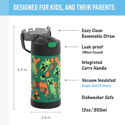 THERMOS FUNTAINER Water Bottle with Straw - 12 Ounce - Kids Stainless Steel Vacuum Insulated Water Bottle with Lid, Minecraft - color: Minecraft