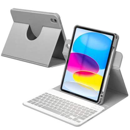 YBING Keyboard Case for iPad 10th Gen 10.9 inch (2022) & 11th Gen (A16, 2025), 7-Color Backlit Detachable Bluetooth Keypad & Rotatable Magnetic Case with Pencil Holder (Gray) - color: Gray