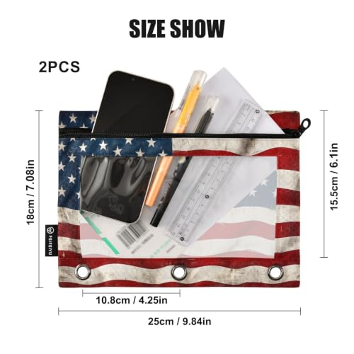 Gredecor 3 Ring Binder Pencil Pouch, American Flag Wooden Pattern-2 Zippered Pen Case Pouches with Clear Window, 2 Pack Stylish Office & School Supplie - color: American Flag Wooden Pattern-2