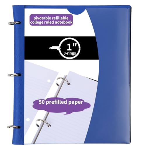 Pivotable Refillable Notebook, 1 Inch 3 Ring Notebook Binder, 50 College Ruled Paper, 5 Subject Notebook with Dividers and Folder Pockets, Tabs- Blue - color: Blue, size: 1 PCS