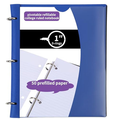Pivotable Refillable Notebook, 1 Inch 3 Ring Notebook Binder, 50 College Ruled Paper, 5 Subject Notebook with Dividers and Folder Pockets, Tabs- Blue - color: Blue, size: 1 PCS