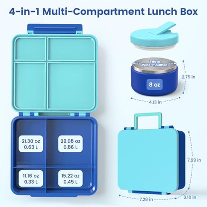 LOHASOK Bento Lunch Box Kids with 8oz Soup Thermo, Leak-Proof Lunch Containers with 4 Compartment, Thermo Hot Food Jar and Insulated Lunch Box for School Blue - color: Blue