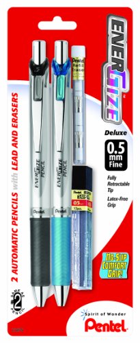 Pentel EnerGize Automatic Pencil with Lead and Erasers, 0.5mm, Assorted, 2 Pack (PL75LEBP2)