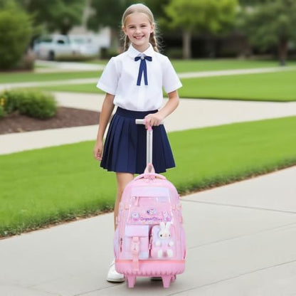 FIXITOK Rolling Backpack for Girls, Kawaii Bunny Roller Wheels School Backpacks with Lunch Bag Pencil case, Wheeled Suitcase Bookbag for Elementary Travel Dreamy-Pink - color: Dreamy-pink