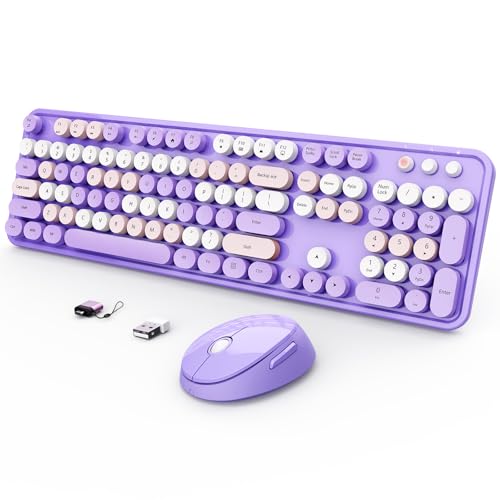 SkyGive Wireless Keyboard and Mouse Combo, Ergonomic Full Size Typewriter Retro Round Keycaps Keyboard, Compatible with Windows, PC, Perfer for Home and Office Keyboards (Purple - color: Purple