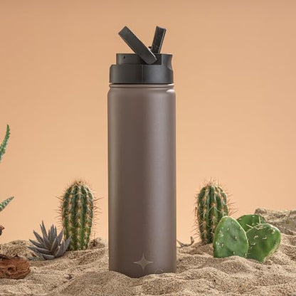 JoyJolt Triple Insulated Water Bottle with Straw Lid AND Flip Lid! 22oz Water Bottle, 12 Hour Hot/Cold Vacuum Insulated Stainless Steel Water Bottle. BPA-Free Leakproof Water Bottles - Thermos Bottle - color: Desert Taupe, size: 22 Ounces