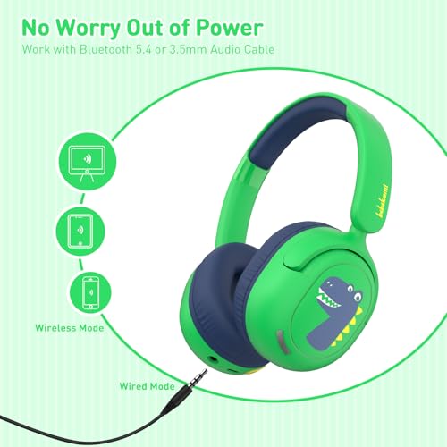 Bluetooth Kids Headphones, Wireless Headphones for Kid with Mic, 75/85/94dB Volume Limited, Includes 3.5mm Aux Cord, Foldable Dinosaur Teens Headset for School, Home, Travel, Tablet - style: Dinosaur