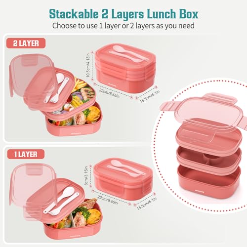 RIKDOKEN Bento Lunch Box, Stackable 2 Layers Containers with Compartments, Portable 64OZ Large Capacity Leakproof Bento Box with Spoon & Fork & Lunch Bag, Microwave Safe Lunch Box for Kids and Adults - color: Pink