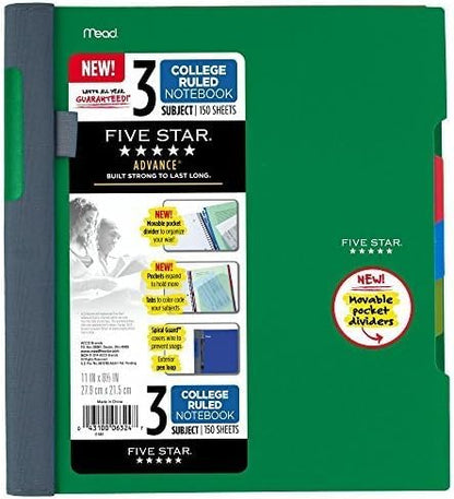Five Star Advance Spiral Notebook + Study App, 3 Subject, College Ruled Paper, 8-1/2" x 11", 150 Sheets, Spiral Guard, Movable Tabbed Dividers, Seaglass Green (73136) (Pack of 6) - color: Seaglass Green, size: Pack of 6