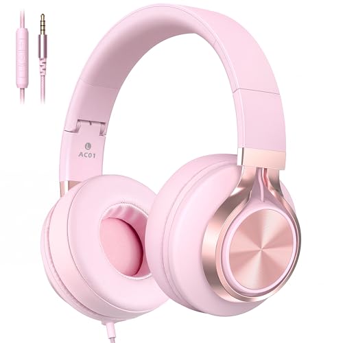 Wired Over-Ear Headphones with Microphone, Foldable Pink Headset with Passive Noise Isolating, Comfort Protein Leather Earcups for Teens, Women, Girls, 3.5mm Jack Laptop Headphones for School, Work - color: Pink