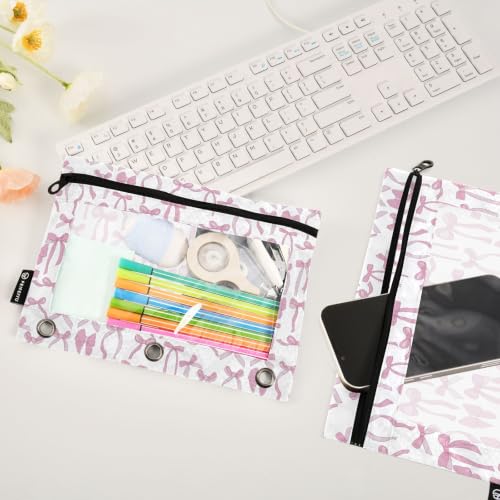 Gredecor 3 Ring Binder Pencil Pouch, Aesthetic Pink Ribbon Bows Zippered Pen Case Pouches with Clear Window, 2 Pack Stylish Office & School Supplie - color: Aesthetic Pink Ribbon Bows
