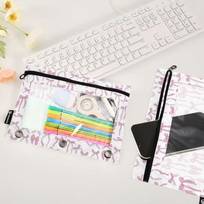 Gredecor 3 Ring Binder Pencil Pouch, Aesthetic Pink Ribbon Bows Zippered Pen Case Pouches with Clear Window, 2 Pack Stylish Office & School Supplie - color: Aesthetic Pink Ribbon Bows