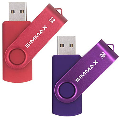 SIMMAX USB Flash Drives 2 Pack 32GB Memory Stick Swivel Design USB 2.0 Flash Drive Thumb Drive Zip Drives (32GB Red Purple) - color: 32GB 2Pack Red Purple, size: 32GB