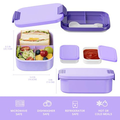 JBGOYON 4-in-1 Bento Box and Insulated Lunch Bag Set, Purple | 6-hour insulation, 7.5 L lunch bag, leakproof 1.9 L container with 2 sauce cups, fork and spoon, 2 snack bags, BPA-fre - color: Purple