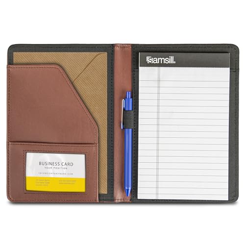 Samsill Contrast Stitch Faux-Leather Portfolio, Mini Size Business Interview Professional Padfolio, Includes 5 x 8 Inch Writing Pad, Brown - color: Brown