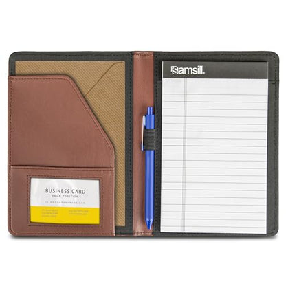 Samsill Contrast Stitch Faux-Leather Portfolio, Mini Size Business Interview Professional Padfolio, Includes 5 x 8 Inch Writing Pad, Brown - color: Brown